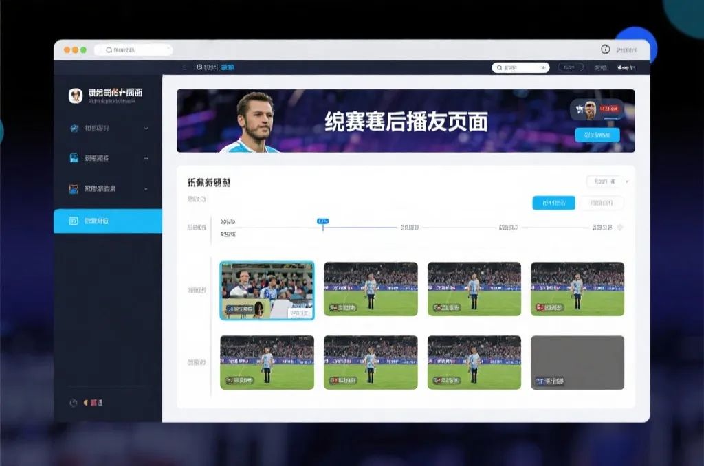 比赛结束后，电视屏幕展示集锦回放页面，旁边有时间轴和多角度切换提示